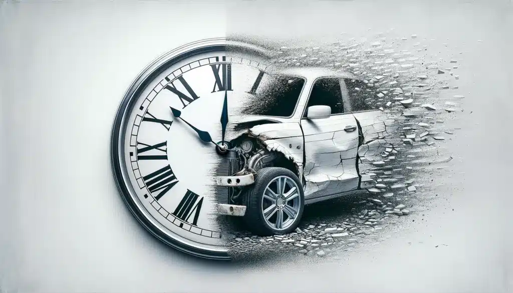 Clock and crashed car symbolizing how long a personal injury claim takes to resolve