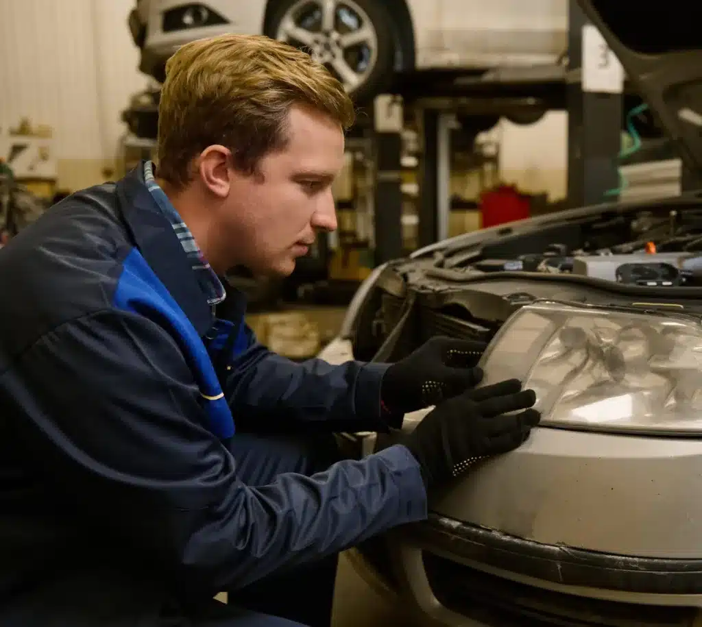 Auto mechanic repairing car after accident in Florida auto body shop