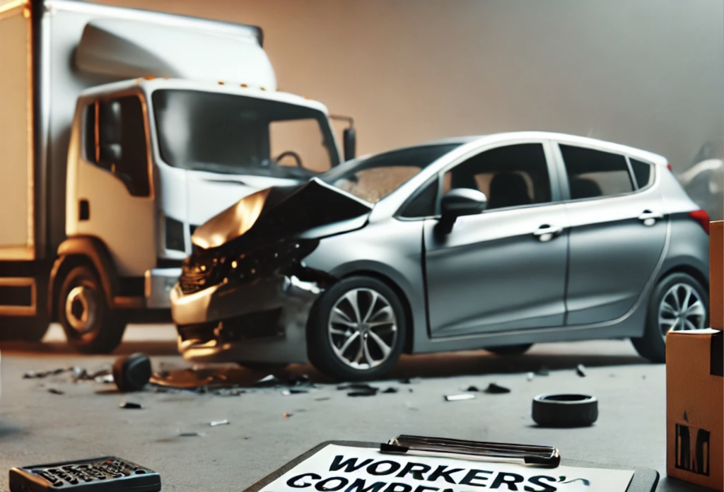Work-related car accident scene with workers' compensation claim form