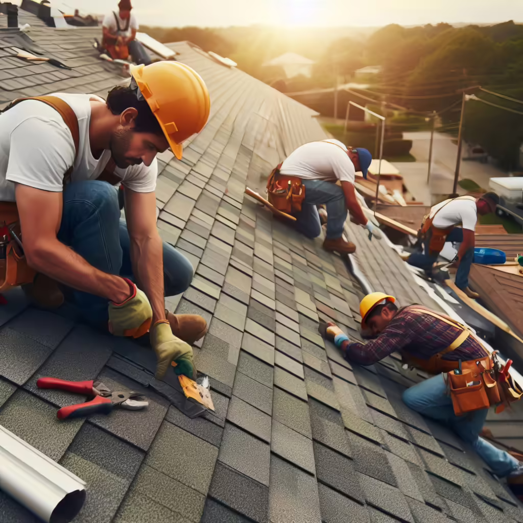 workers wearing hard hats doing roofing work on a job site
