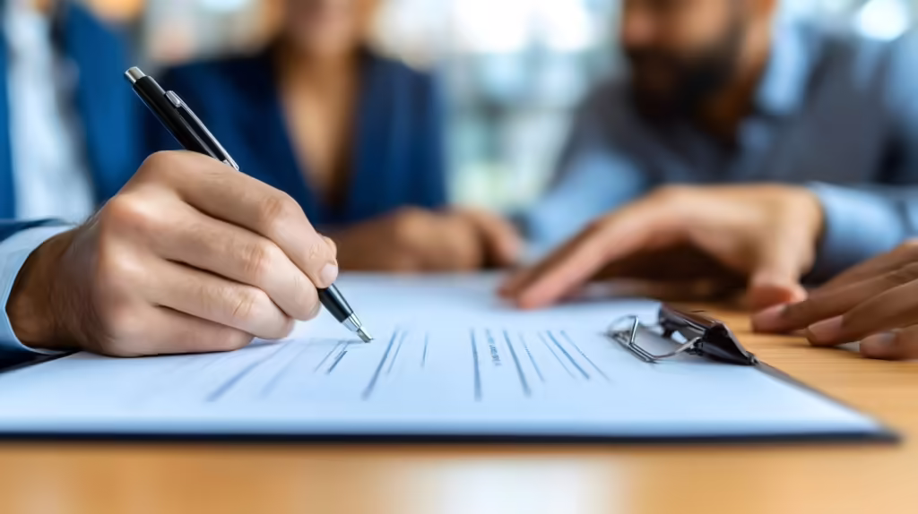 A close-up of a person signing a legal document on a clipboard, with a second person (appearing to be an attorney in professional attire) pointing at the document in the background.