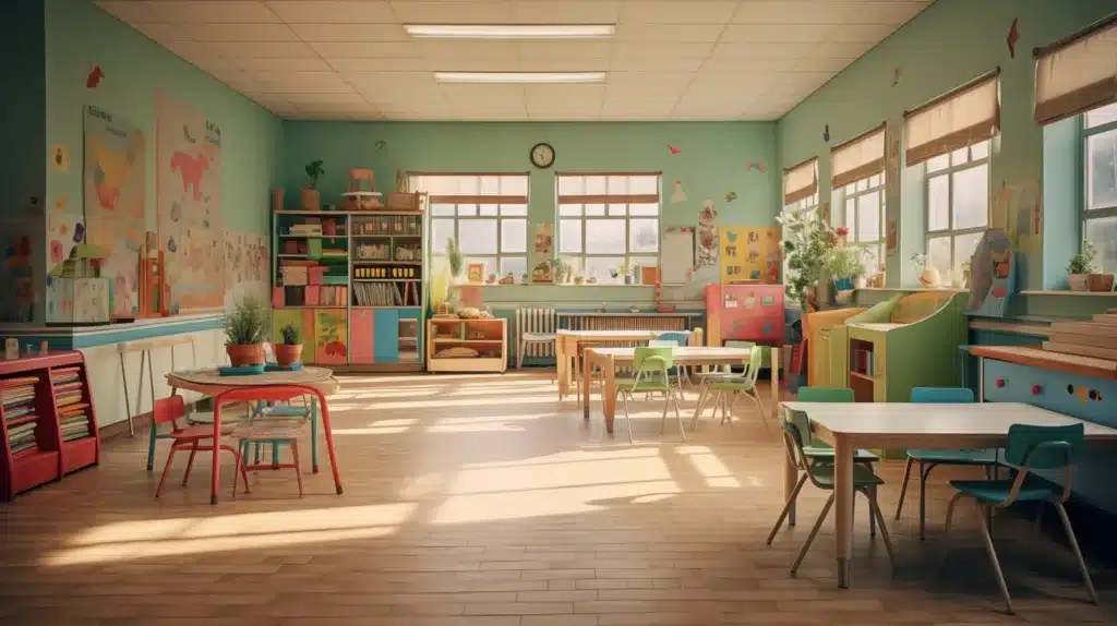 An empty daycare classroom with tables, chairs, and play areas