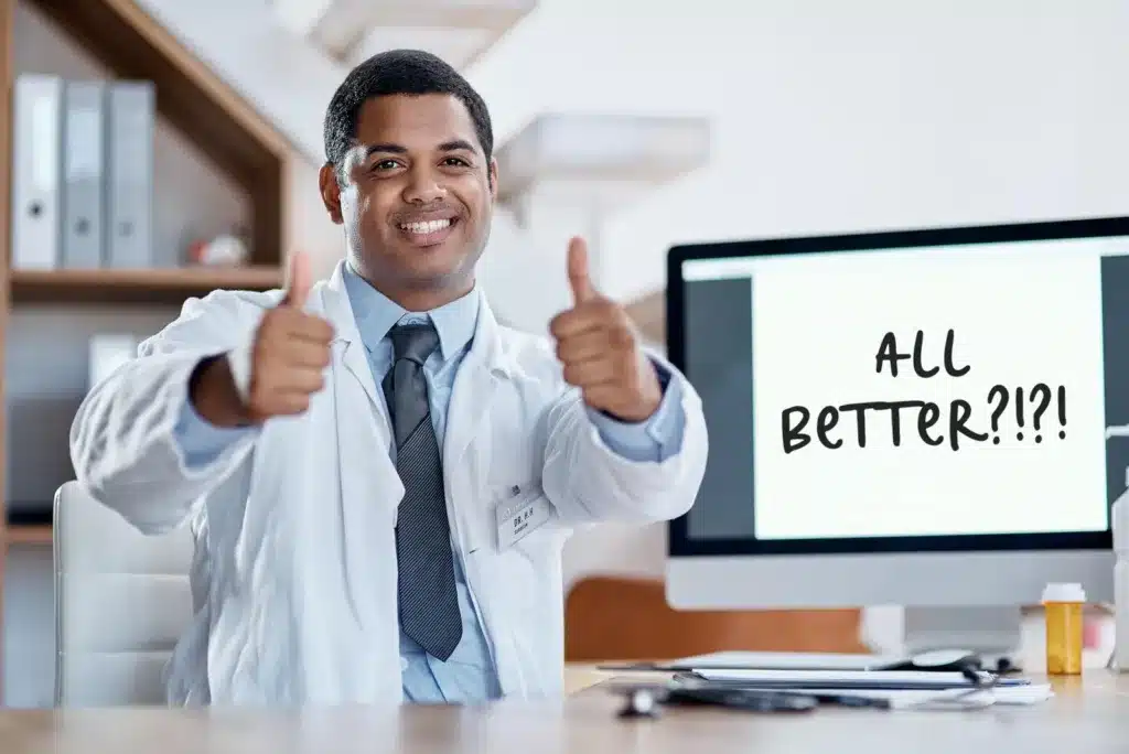 A smiling male doctor in a white lab coat giving two thumbs up next to a computer screen reading All Better, representing maximum medical improvement in a Florida workers' compensation case.