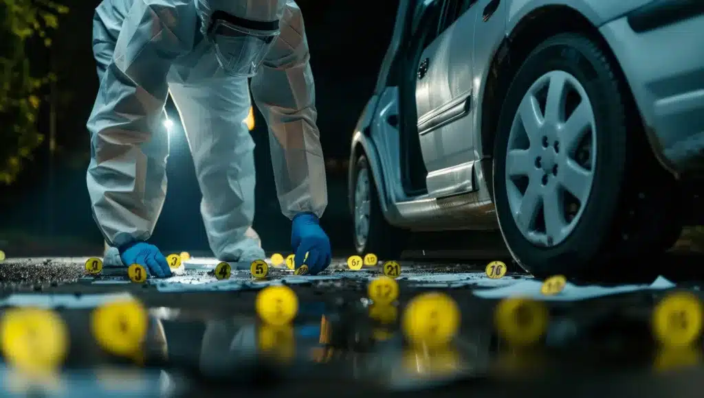 An investigator in a white hazmat suit and blue gloves collects forensic evidence on a wet road next to a car tire after an auto accident.