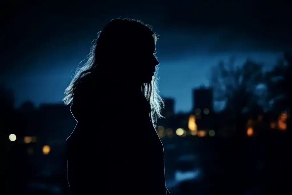 A silhouette of a woman standing outdoors at night with blurred city lights in the background, representing a survivor seeking legal support for a sexual assault case.