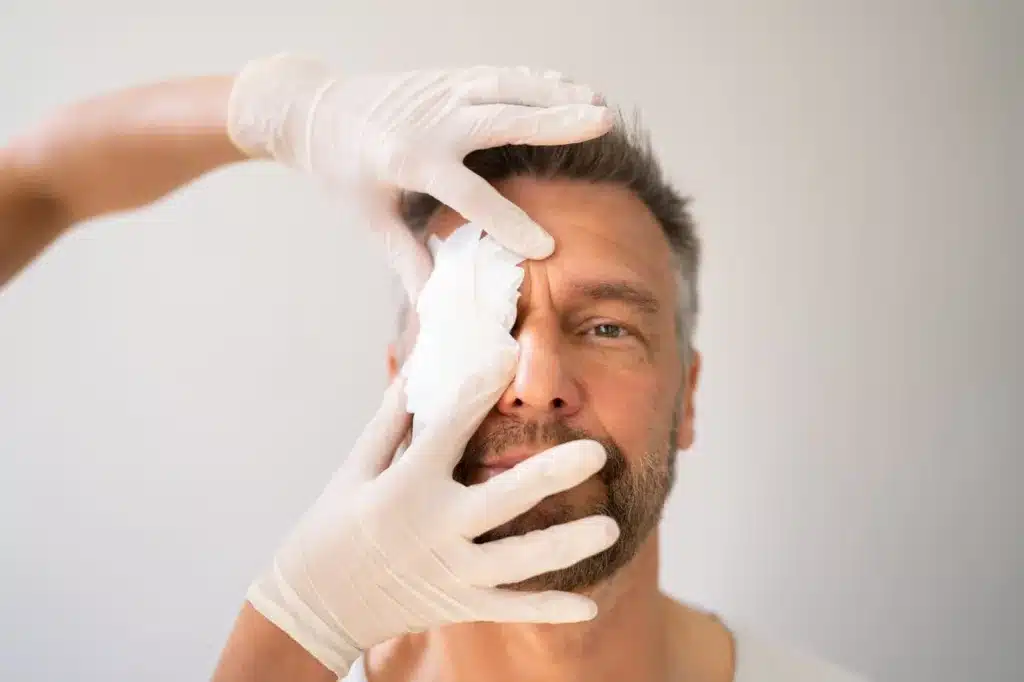 A male worker with a beard receiving medical care or an examination for a workplace eye injury from a doctor wearing white gloves.
