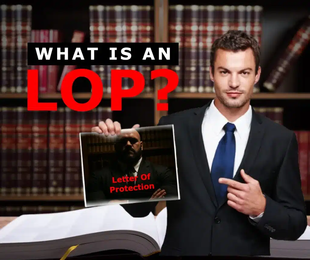 A personal injury attorney in a suit pointing at a graphic of a letter of protection LOP to explain how it works for accident victims.