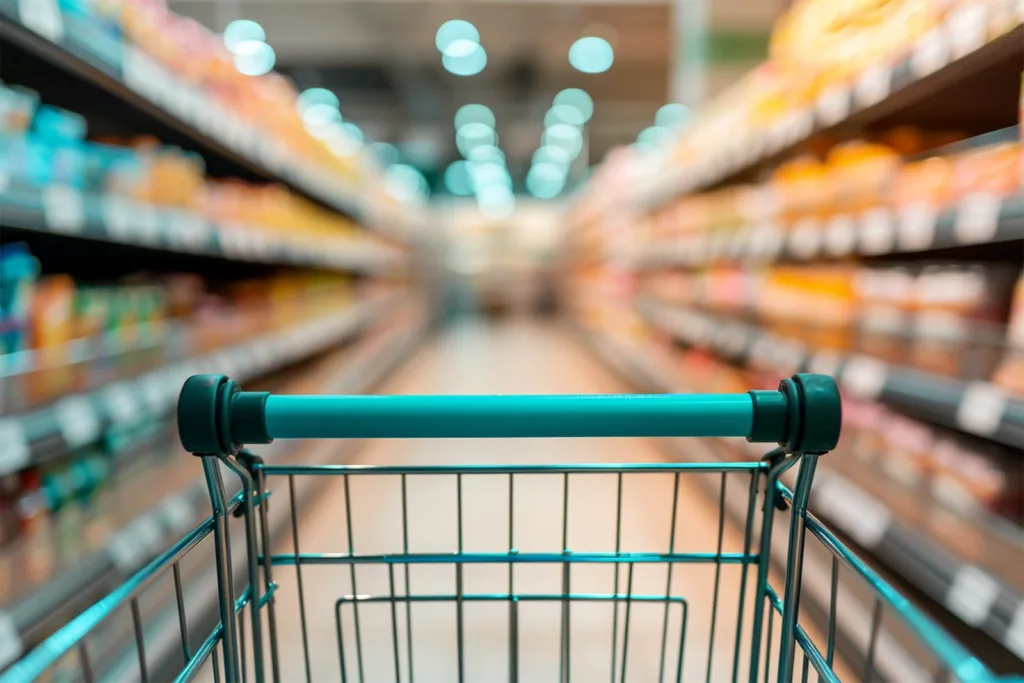 An out-of-focus grocery store aisle behind a shopping cart handle, illustrating retail slip and fall accidents and premises liability.