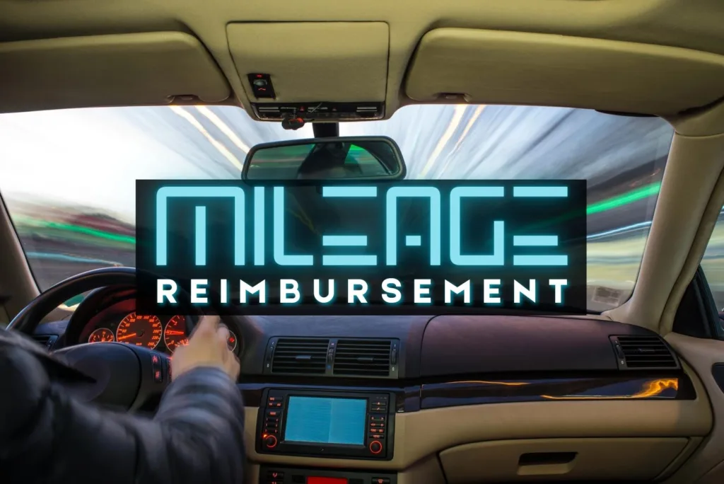 A view from inside a car looking through the windshield at a fast-moving road, featuring an overlay that reads workers' comp mileage reimbursement.