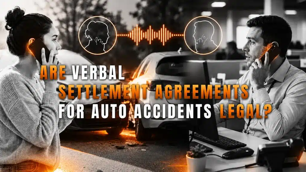 A woman on a mobile phone and a man at a computer having a conversation about legal settlement agreements for an auto accident.