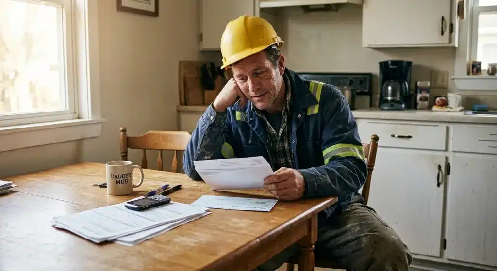 Injured construction worker in a hard hat reviewing workers' comp paperwork at home while waiting for his first Florida workers' compensation check