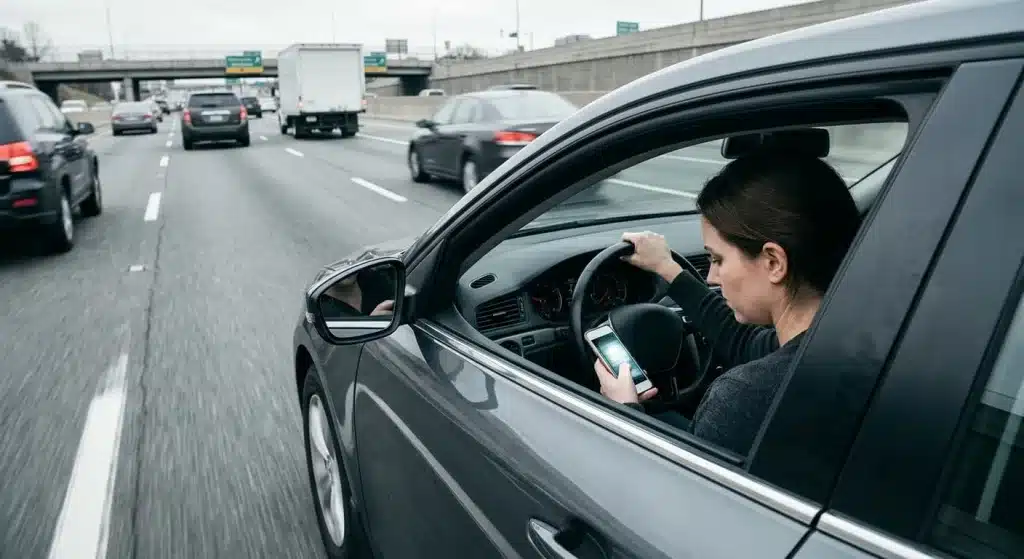 Woman driver looking down at her phone while driving on a busy highway, illustrating why texting and driving is illegal and dangerous.
