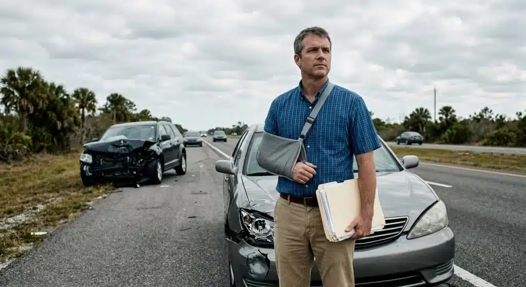 Injured man with arm sling holding insurance documents at Florida car accident scene with damaged vehicles, representing a car accident claim that exceeds policy limits.